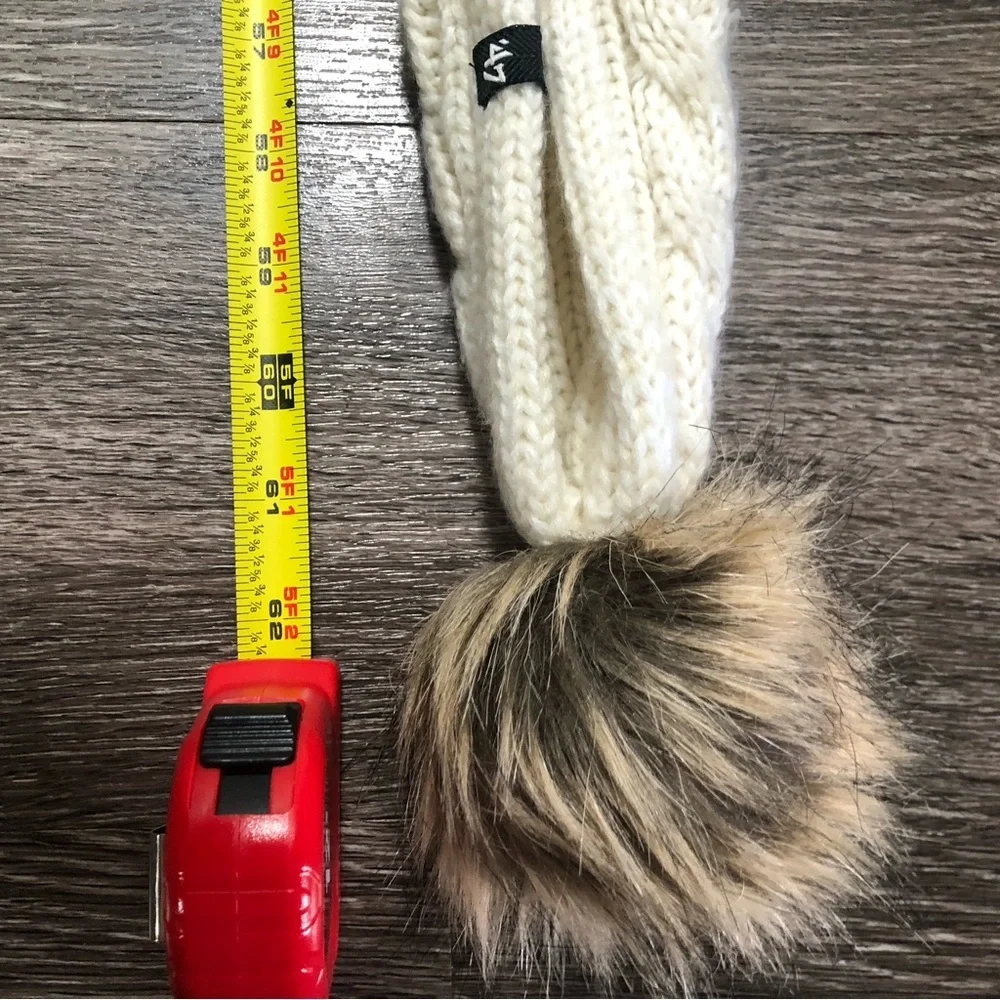 '47 Brand New England Patriots Cable Knit Scarf Cream Ivory Faux Fur Pom Poms